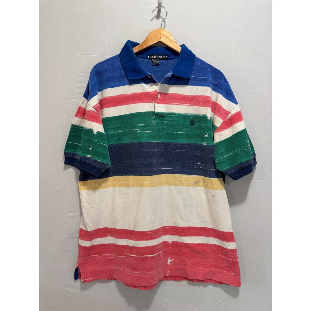Nautica Short Sleeve Polo Shirt Mens Multicolor Striped Embroidered XL Vintage